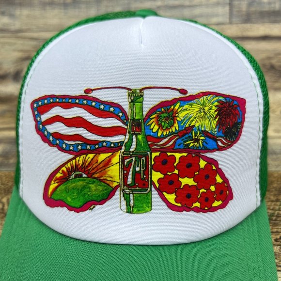 7Up Mens Trucker Hat Green Snapback Butterfly Vintage Soda Pop Baseball Cap - Picture 3 of 8